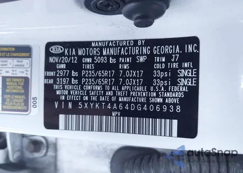 2013 Kia Sorento Lx z USA, uszkodzony, nr VIN 5XYKT4A64DG406938